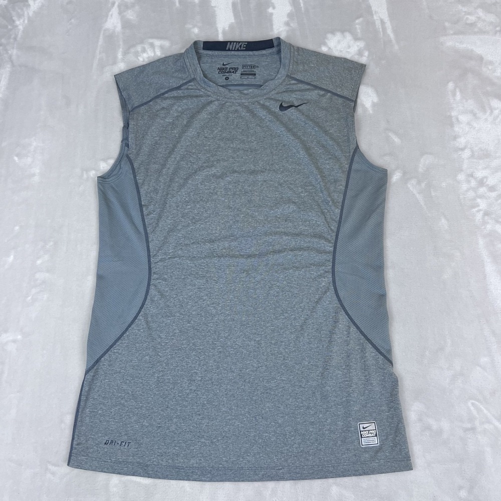 Nike Pro Combat Shirt Mens Medium Fitted Grey Dri Fit Sleeveless Training Gym